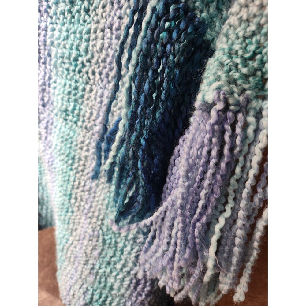 Soft Wide Handmade Scarf Crochet ~18x64 In. Multicolor Blue Stripes W/ Fringe - Picture 12 of 16